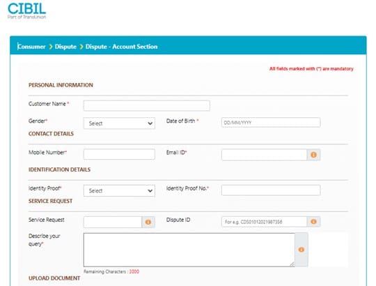 Dispute in account section form Dispute in account section