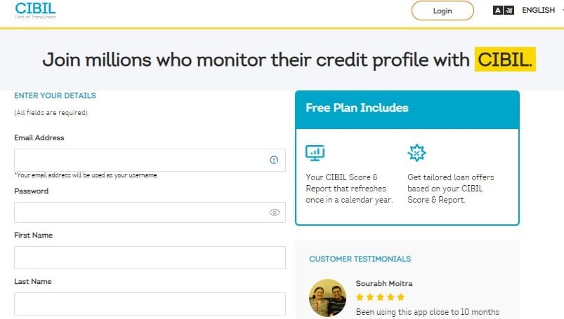 Transunion CIBIL Enroll page one Transunion CIBIL Enroll page one