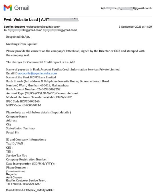 equifax commercial credit report email from equifax team