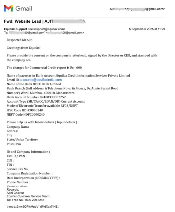 equifax commercial credit report email from equifax team